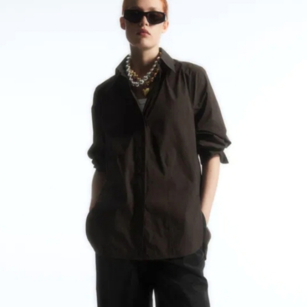 COS Chocolat Brown Oversized Poplin Button Down Shirt 12